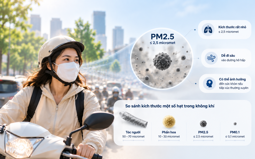 Đi xe máy nhiễm bụi mịn pm 2.5